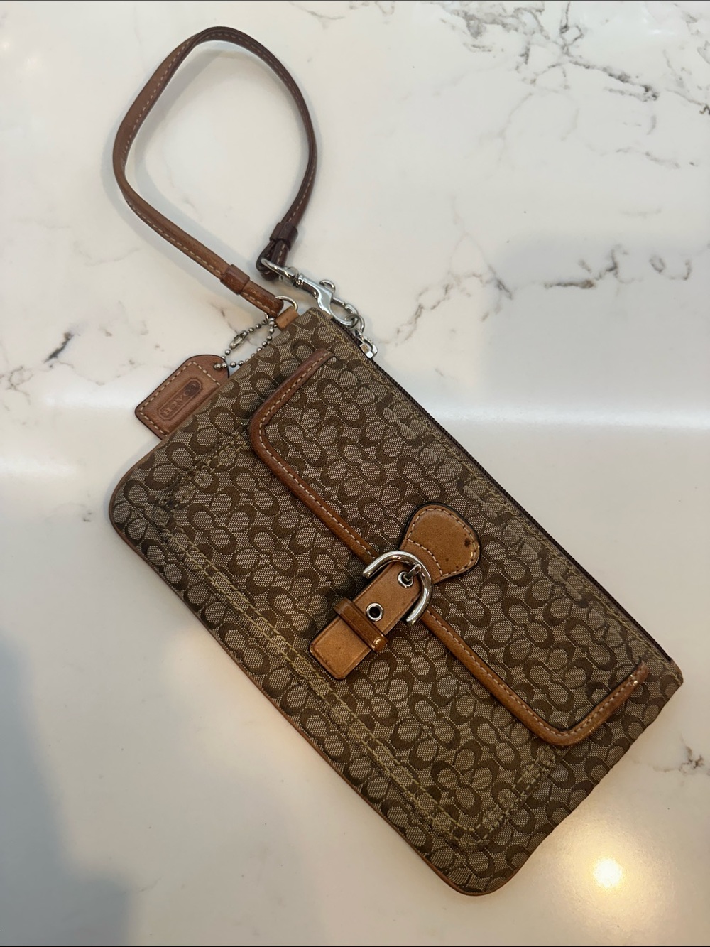 Coach Brown/Tan Signature Canvas Wristlet with Buckle Detail